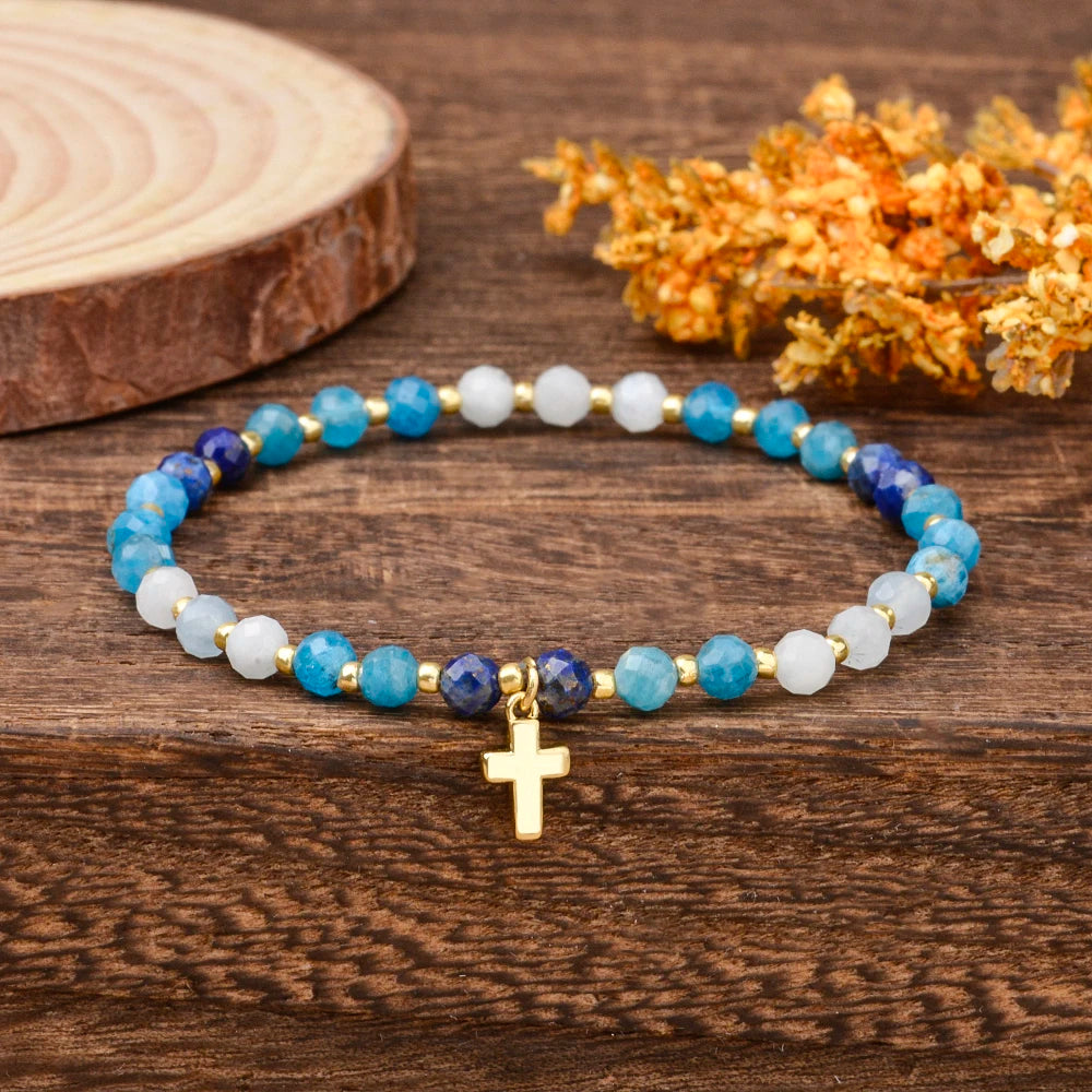 4mm Natural Stones Lapis Garnet and Aquamarine Faceted Beads with Brass Cross Charm Stretchable Bohemian Bracelet for Women Men - Blessings is Here