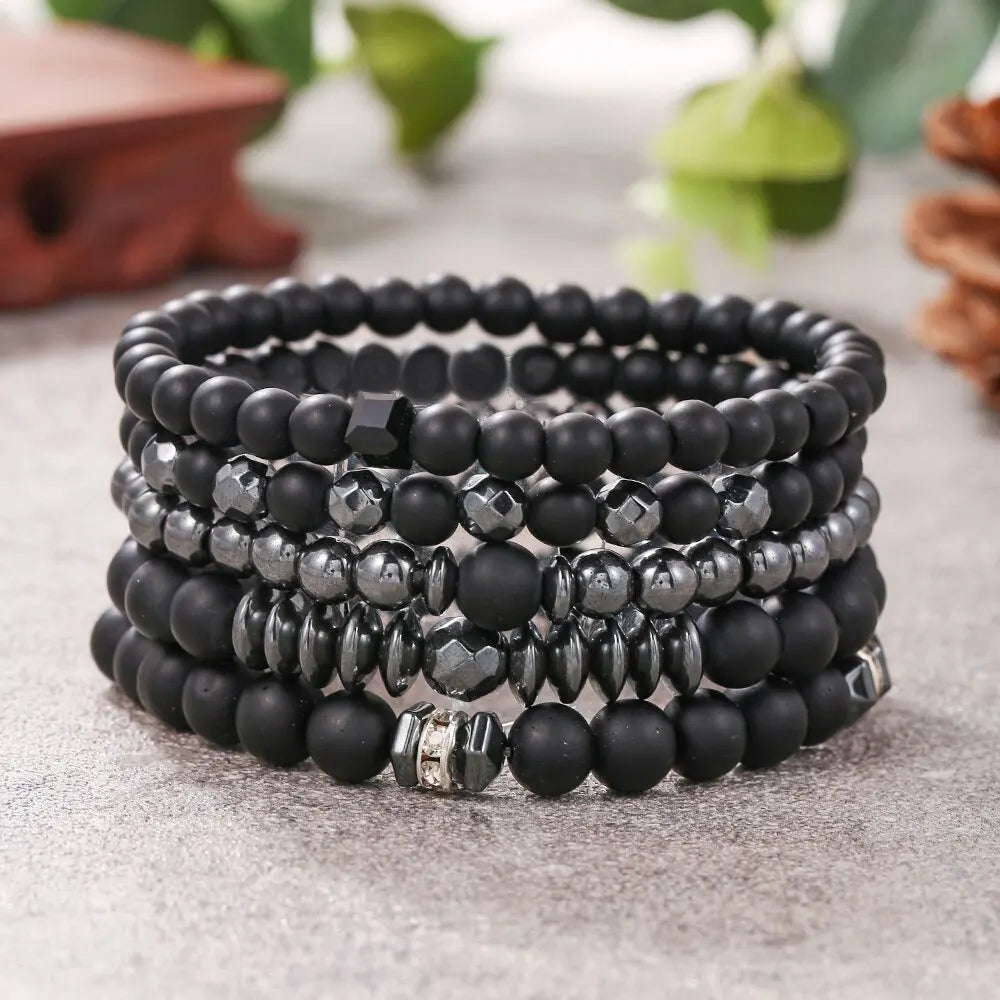 5PCS Natural Stone Beaded Bracelet Set for Men & Women – Multi-Layer Matte Black Lava Stone Stretch Bracelets | Couples Friendship Jewelry Gift