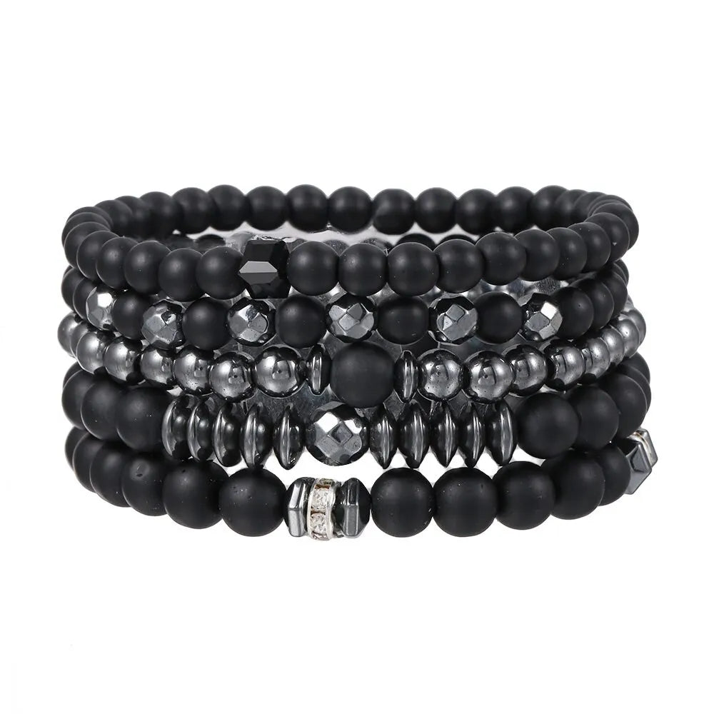 5PCS Natural Stone Beaded Bracelet Set for Men & Women – Multi-Layer Matte Black Lava Stone Stretch Bracelets | Couples Friendship Jewelry Gift