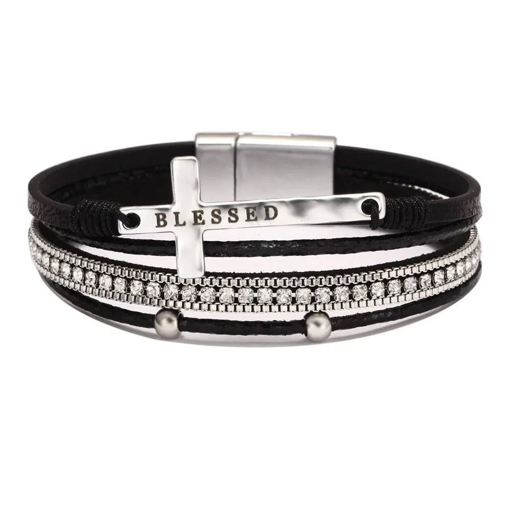 Blessed Cross PU Leather Bracelet – Bohemian Christian Rhinestone Wrap Bracelet for Women | Vintage Faith Jewelry Gift | Blessings Is Here