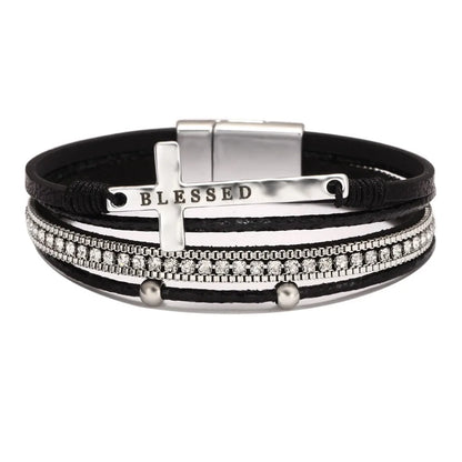 Blessed Cross PU Leather Bracelet – Bohemian Christian Rhinestone Wrap Bracelet for Women | Vintage Faith Jewelry Gift | Blessings Is Here