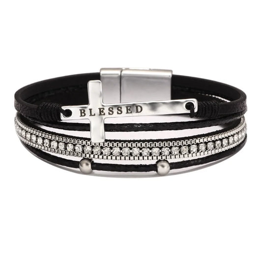 Blessed Cross PU Leather Bracelet – Bohemian Christian Rhinestone Wrap Bracelet for Women | Vintage Faith Jewelry Gift | Blessings Is Here