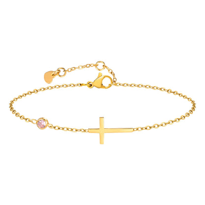 Birthstone Zirconia Thin Chain Link Cross Bracelet Stainless Steel Women's Adjustable Link Stacked Layered Chain Bracelets