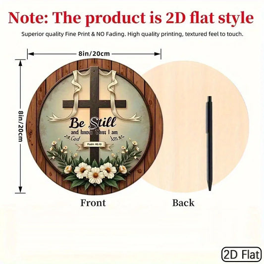 2D Flat, 1pc Vintage Wooden Wall Art Sign - 20.32x20.32 cm Round Rustic Cross with Inspirational Bible Verse (Psalm 46:10) - Flo