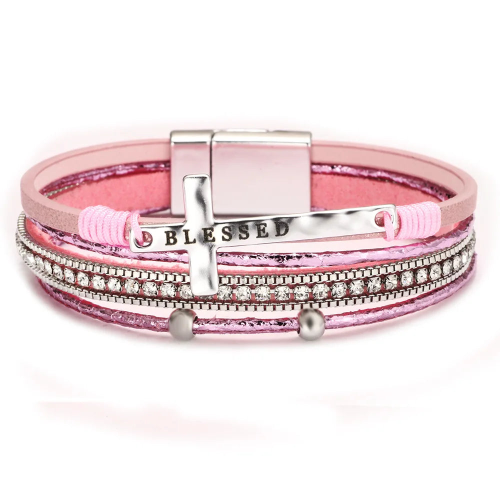 Blessed Cross PU Leather Bracelet – Bohemian Christian Rhinestone Wrap Bracelet for Women | Vintage Faith Jewelry Gift | Blessings Is Here