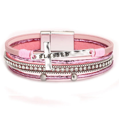 Blessed Cross PU Leather Bracelet – Bohemian Christian Rhinestone Wrap Bracelet for Women | Vintage Faith Jewelry Gift | Blessings Is Here