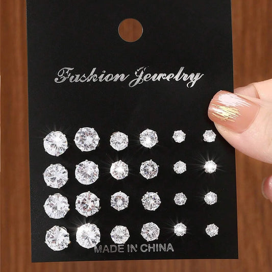 12-Pair Zirconia Stud Earring Set