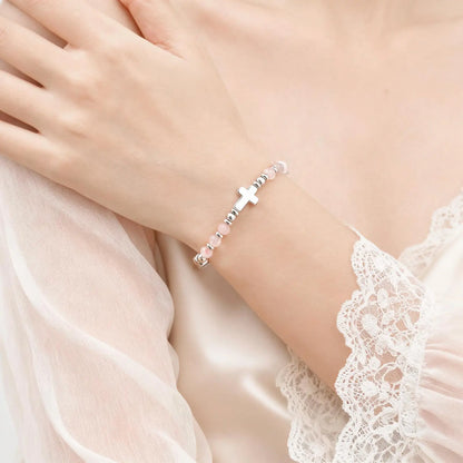 Christian Baptism Religious Beaded Cross Bracelet for Women Pink Crystal Beads Chain Bracelets Christian Easter Jewelry Gift