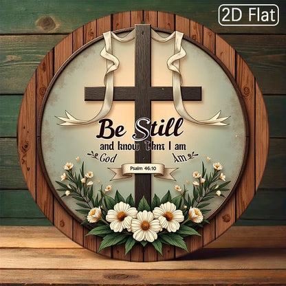 2D Flat, 1pc Vintage Wooden Wall Art Sign - 20.32x20.32 cm Round Rustic Cross with Inspirational Bible Verse (Psalm 46:10) - Flo