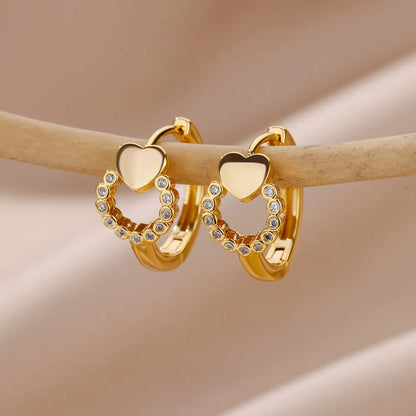 Stainless Steel Gold Heart Zircon Hoop Earrings