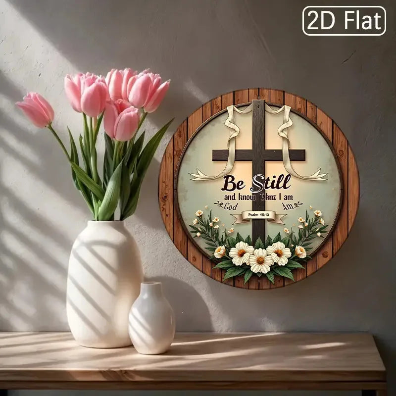 2D Flat, 1pc Vintage Wooden Wall Art Sign - 20.32x20.32 cm Round Rustic Cross with Inspirational Bible Verse (Psalm 46:10) - Flo