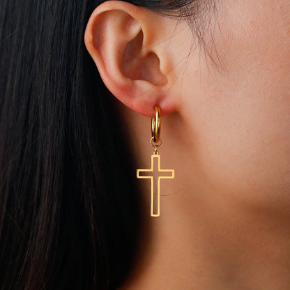 Cross Charm Dangle Earrings Ichthys Jesus Fish Christian Symbol Hoop Earrings Stainless Steel Catholic Amulet