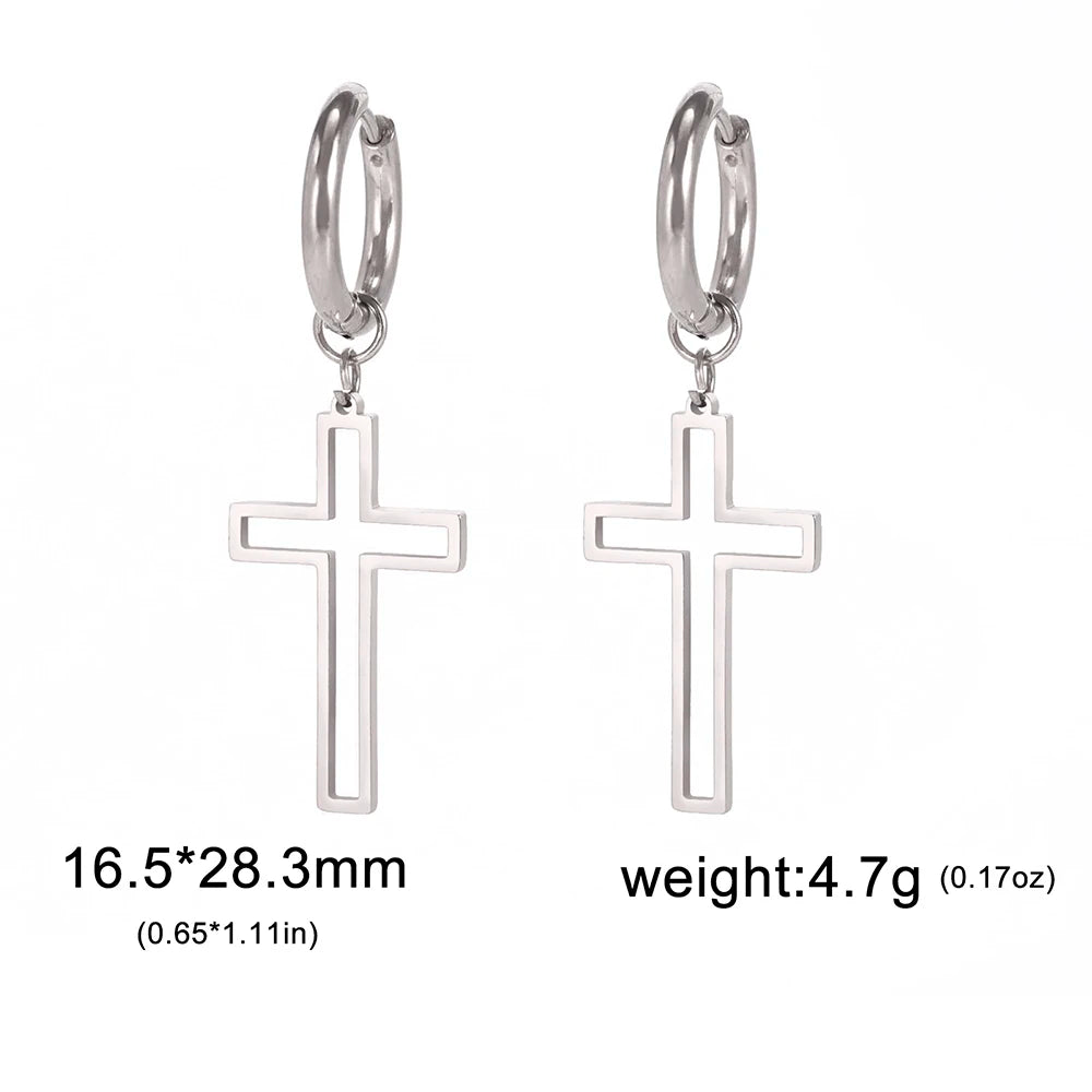 Cross Charm Dangle Earrings Ichthys Jesus Fish Christian Symbol Hoop Earrings Stainless Steel Catholic Amulet