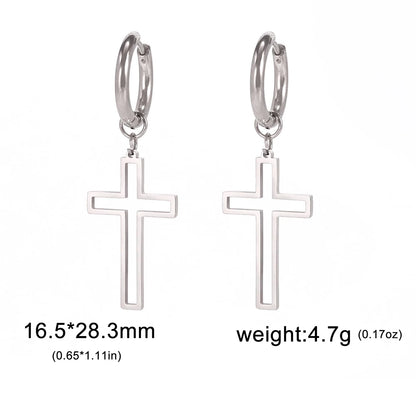 Cross Charm Dangle Earrings Ichthys Jesus Fish Christian Symbol Hoop Earrings Stainless Steel Catholic Amulet