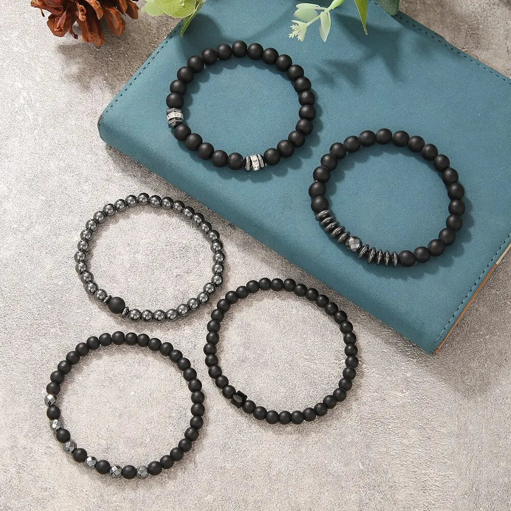 5PCS Natural Stone Beaded Bracelet Set for Men & Women – Multi-Layer Matte Black Lava Stone Stretch Bracelets | Couples Friendship Jewelry Gift