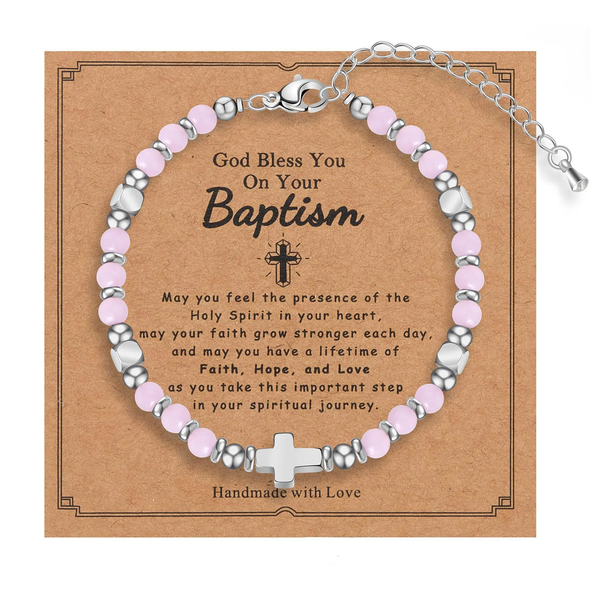 Christian Baptism Religious Beaded Cross Bracelet for Women Pink Crystal Beads Chain Bracelets Christian Easter Jewelry Gift
