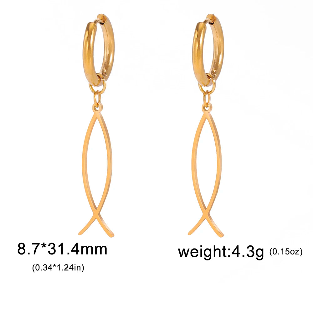 Cross Charm Dangle Earrings Ichthys Jesus Fish Christian Symbol Hoop Earrings Stainless Steel Catholic Amulet