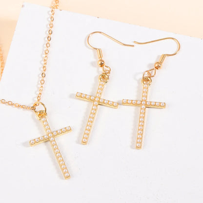 Fashion Rhinestones Cross Charms Necklace Earrings Jewelry Set Trend Personality Pearl Crucifix Jewelry For Friend Gifts - Blessings is Here