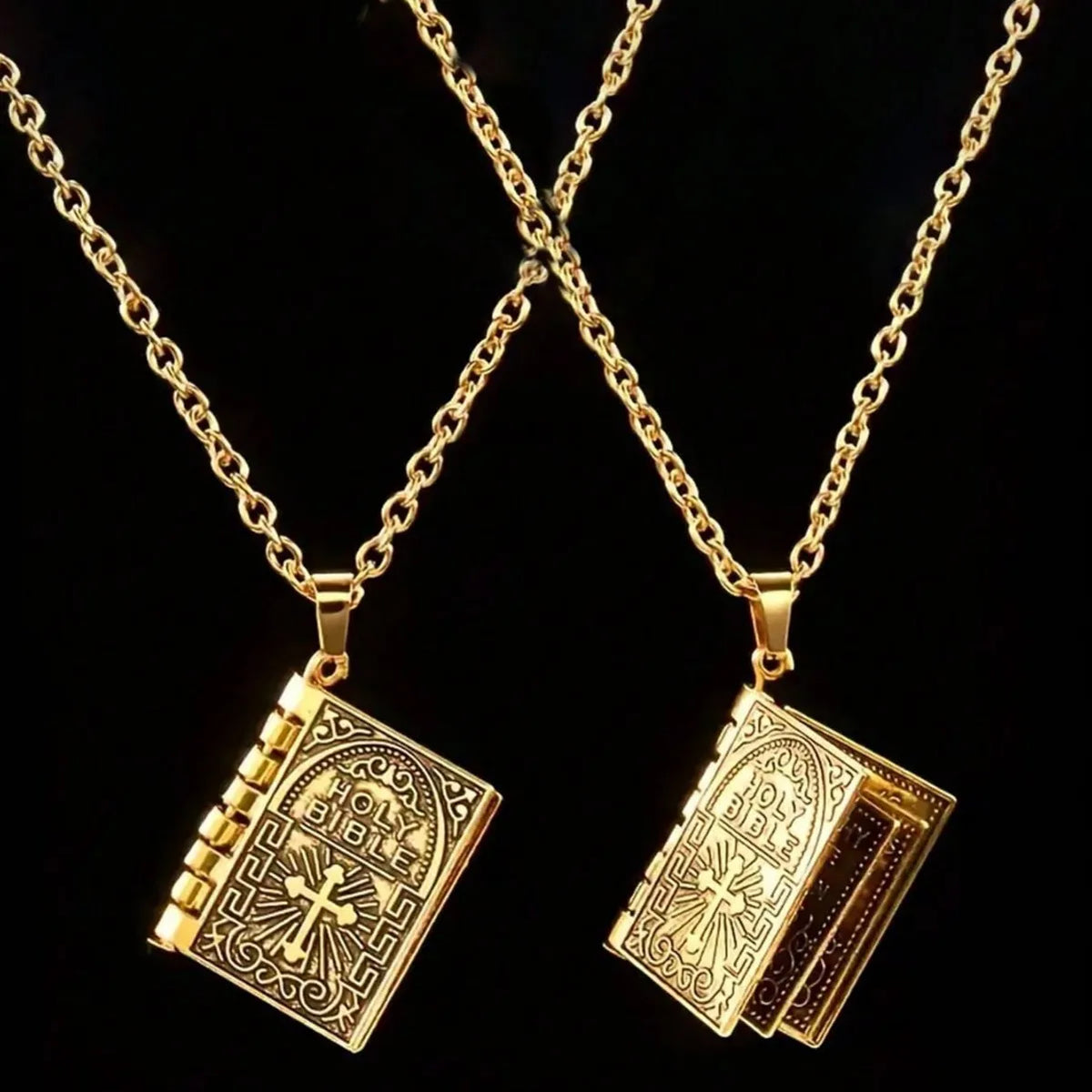 1 pc Vintage Holy Bible Pendant Necklace for Men &amp; Women – Polished Alloy Christian Cross Book Necklace, Opening Bible Locket Pendant, Gold &amp; Silver Religious Jewelry Gift