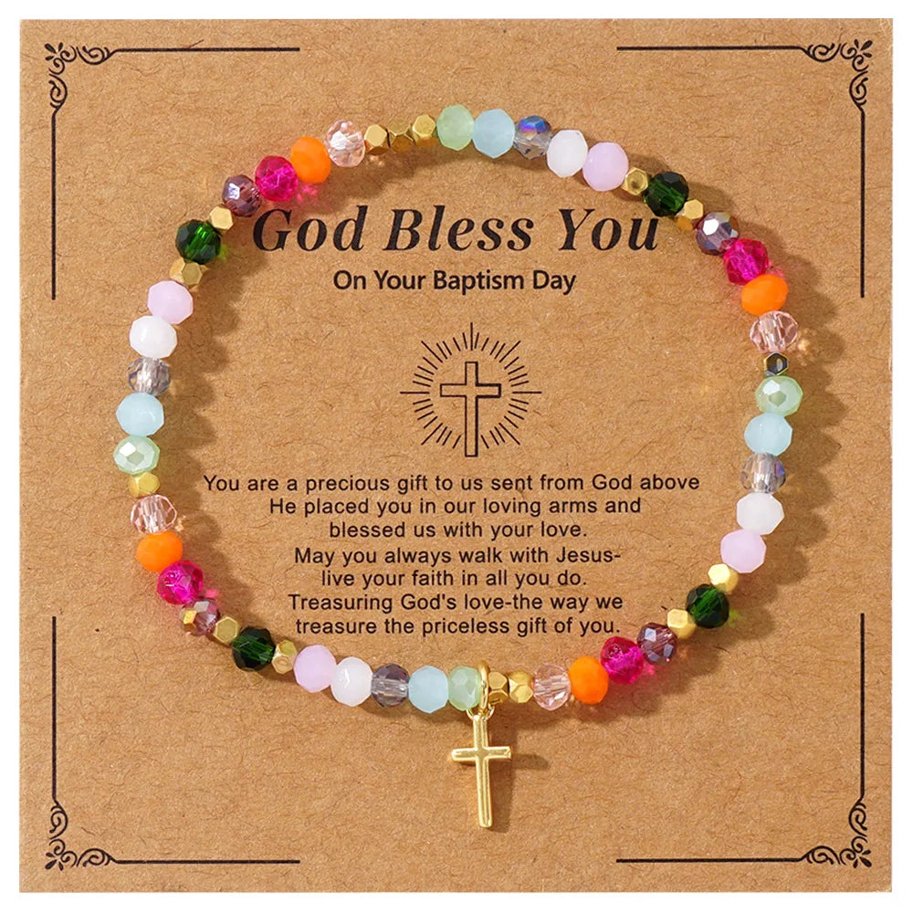elryCross Square Crystal Beads Bracelet for Women Boho Natural Stone Stretch Beach Jew Multi-Color Religious Baptism Christian Jewelry - Blessings is Here