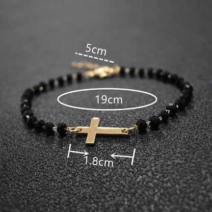 Gold Rosary Sideways Cross Bracelet with Black Beads
