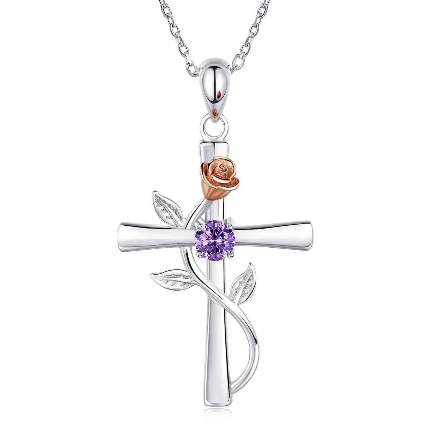 Exquisite Rose Cross Shaped Zircon Necklace for Women Fashion Flower Cross Pendant Clavicle Chain DIY Jewelry Accessories Gift