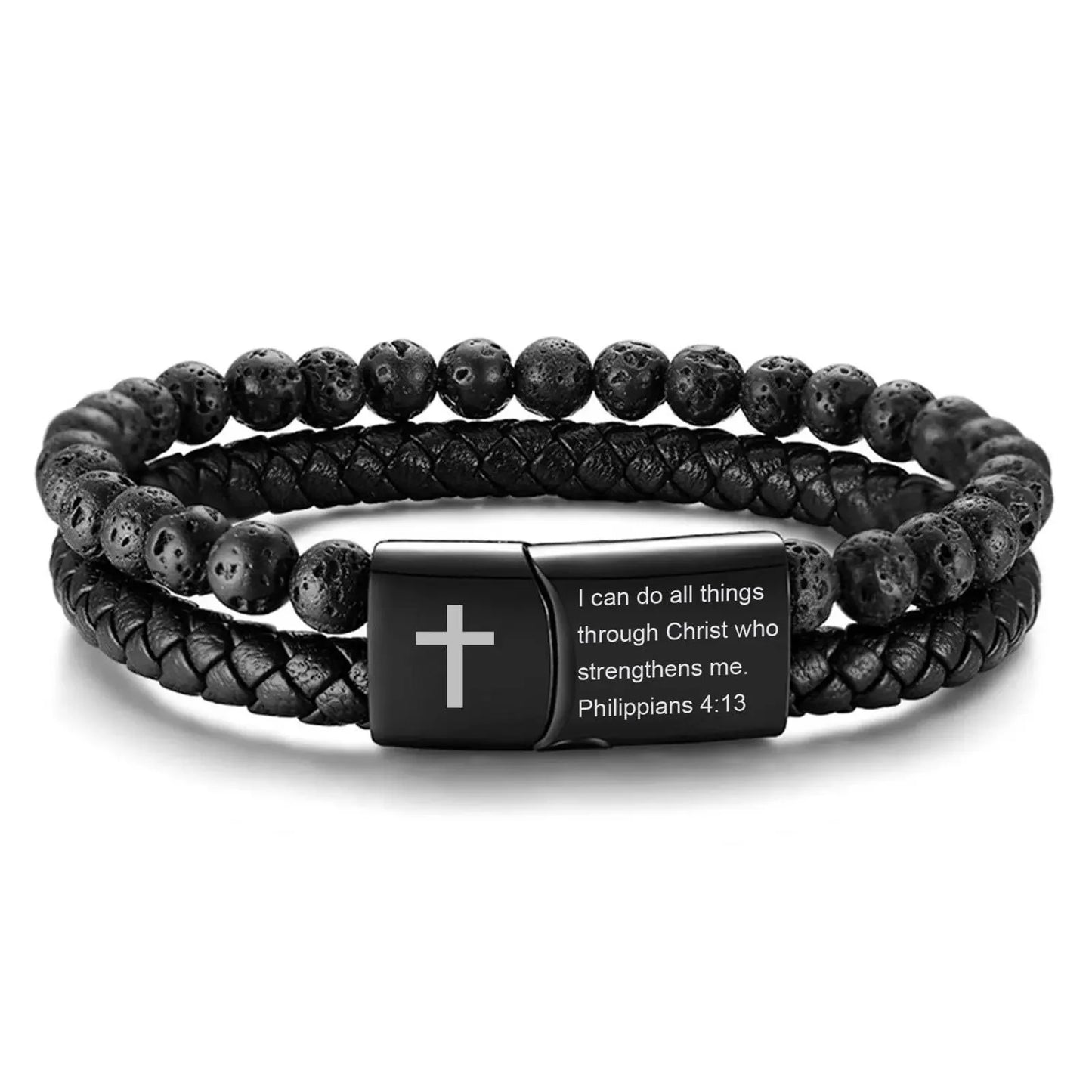 Mens Double-Row Black Braided Leather Bracelets Stainless Steel Cross Jewelry With Onyx Beads Bracelets For Dad,Sons - Blessings is Here