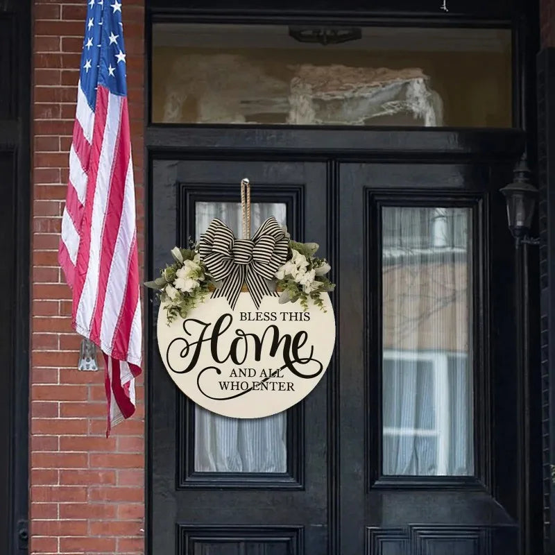 Round Flower Wreath Wooden Welcome Hanging Ornament For Front Door Outdoor Fall Decor Welcome Bow Knot Christmas Decoration