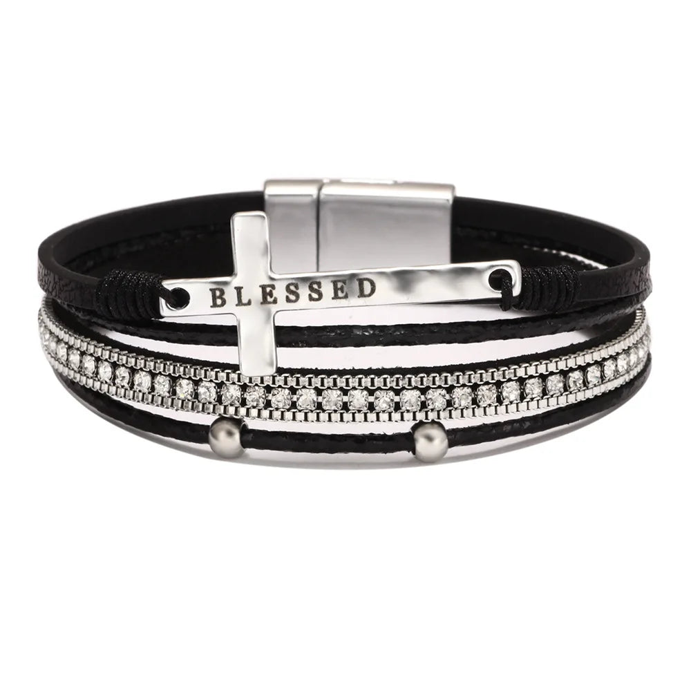 Blessed Cross PU Leather Bracelet – Bohemian Christian Rhinestone Wrap Bracelet for Women | Vintage Faith Jewelry Gift | Blessings Is Here