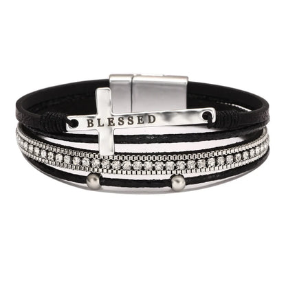 Blessed Cross PU Leather Bracelet – Bohemian Christian Rhinestone Wrap Bracelet for Women | Vintage Faith Jewelry Gift | Blessings Is Here