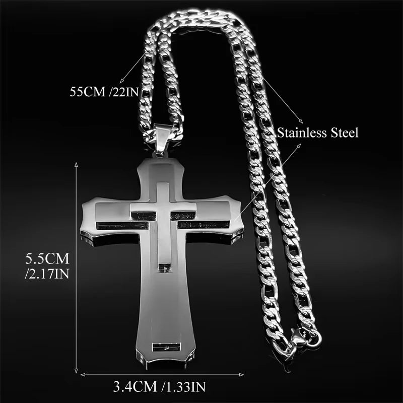 Big Jesus Christian Cross Pendant Necklace for Man Women Stainless Steel Silver Color Link Figaro NK Chain Male Collier Jewelry - Blessings is Here