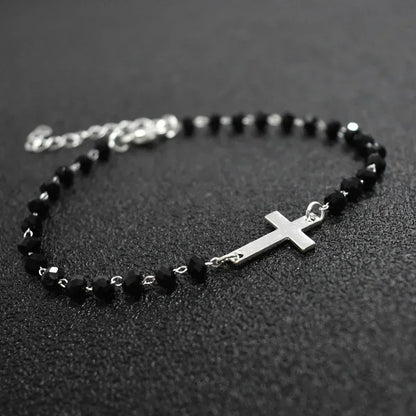 Gold Rosary Sideways Cross Bracelet with Black Beads