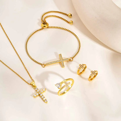 Stylish Christian Cross Jewelry Set, Women's Necklace Bracelet Earrings Ring 4pc for Birthday Christmas Baptism Gift - Blessings is Here