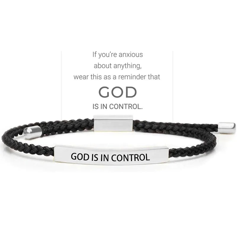 God Is in Control Inspirational Bracelets for Women Men Stainless Steel Lettering Braided Bracelet Christmas Birthday Gifts