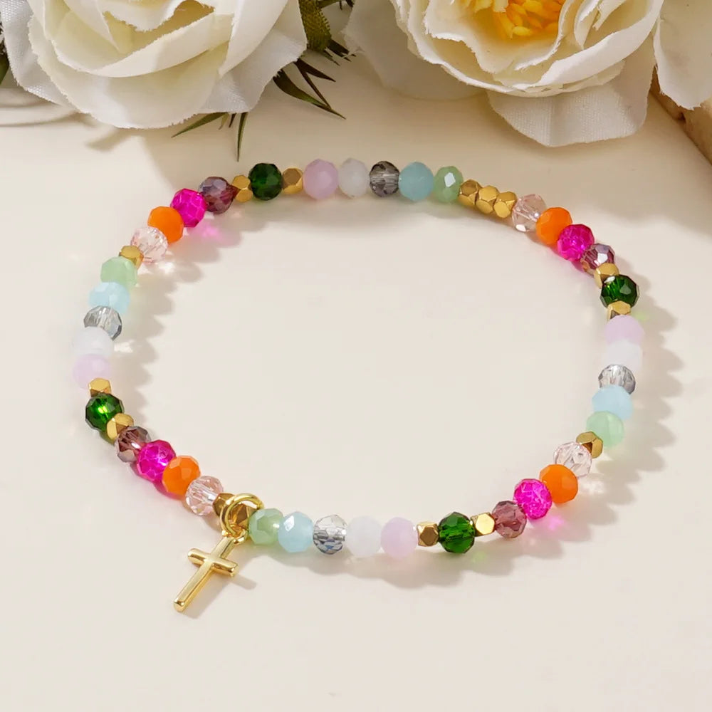 elryCross Square Crystal Beads Bracelet for Women Boho Natural Stone Stretch Beach Jew Multi-Color Religious Baptism Christian Jewelry