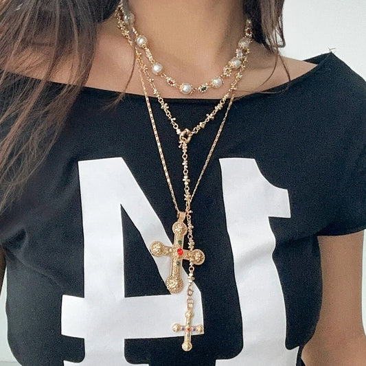Luxury Pearl Cross Pendant Choker Necklace