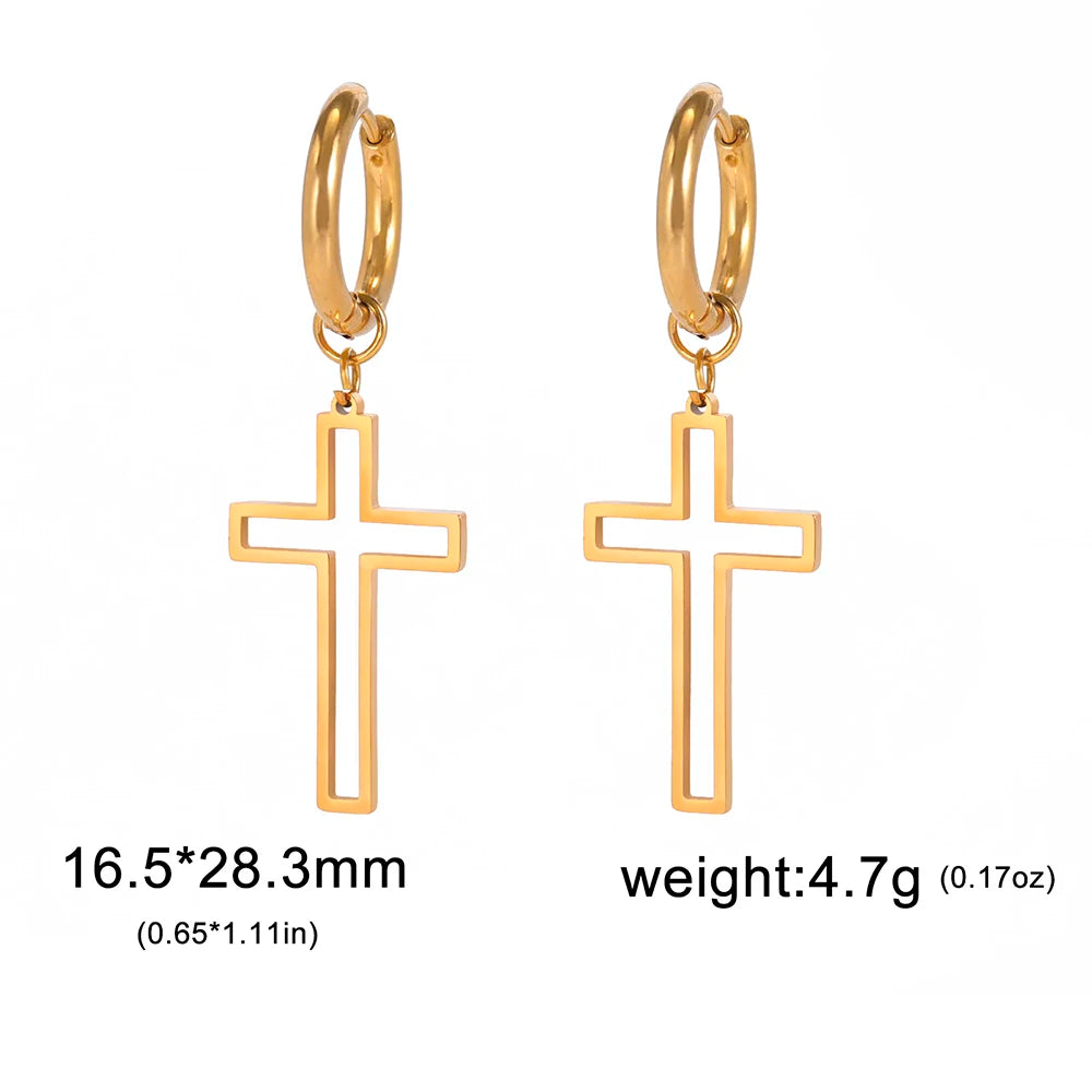 Cross Charm Dangle Earrings Ichthys Jesus Fish Christian Symbol Hoop Earrings Stainless Steel Catholic Amulet