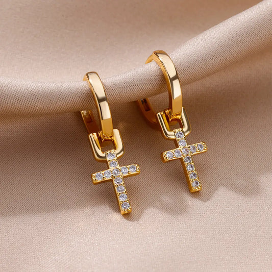 Stainless Steel Zircon Cross Dangle Christian Earrings