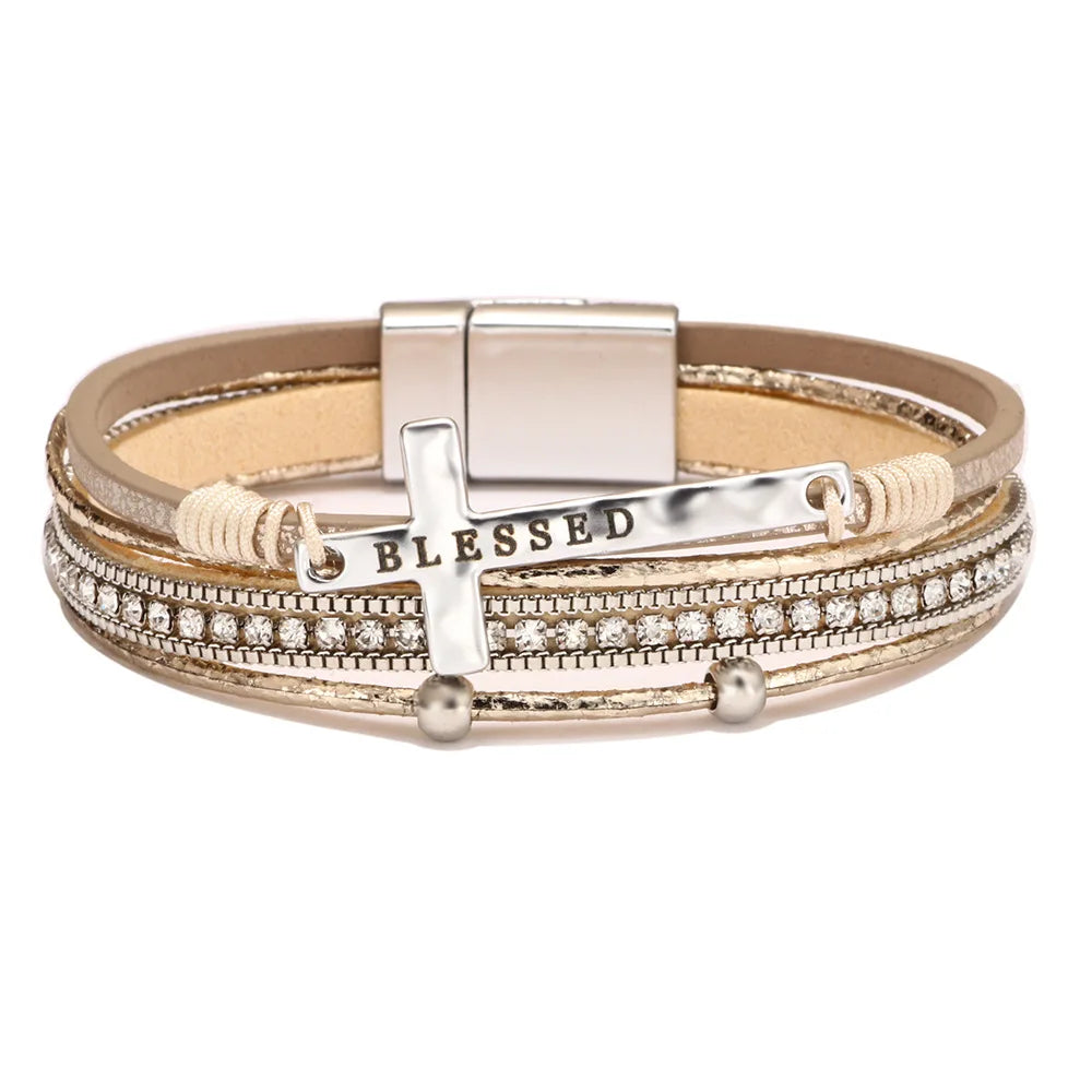 Blessed Cross PU Leather Bracelet – Bohemian Christian Rhinestone Wrap Bracelet for Women | Vintage Faith Jewelry Gift | Blessings Is Here