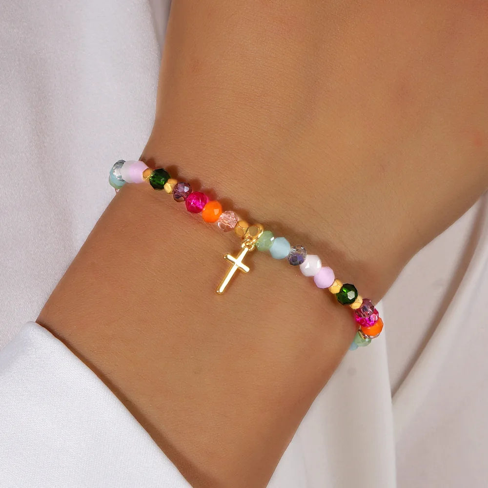 elryCross Square Crystal Beads Bracelet for Women Boho Natural Stone Stretch Beach Jew Multi-Color Religious Baptism Christian Jewelry - Blessings is Here