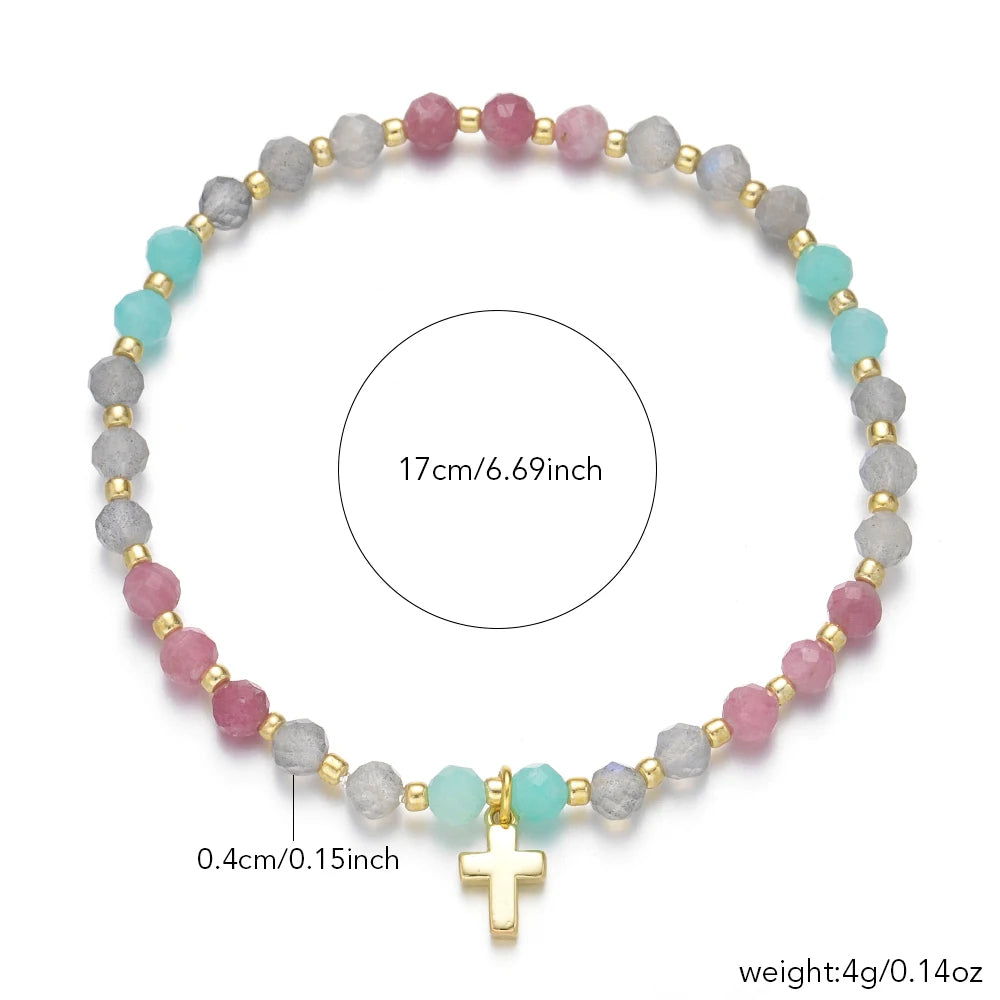 4mm Natural Stones Lapis Garnet and Aquamarine Faceted Beads with Brass Cross Charm Stretchable Bohemian Bracelet for Women Men - Blessings is Here