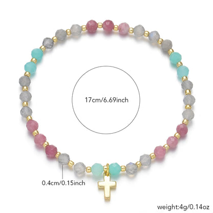 4mm Natural Stones Lapis Garnet and Aquamarine Faceted Beads with Brass Cross Charm Stretchable Bohemian Bracelet for Women Men - Blessings is Here
