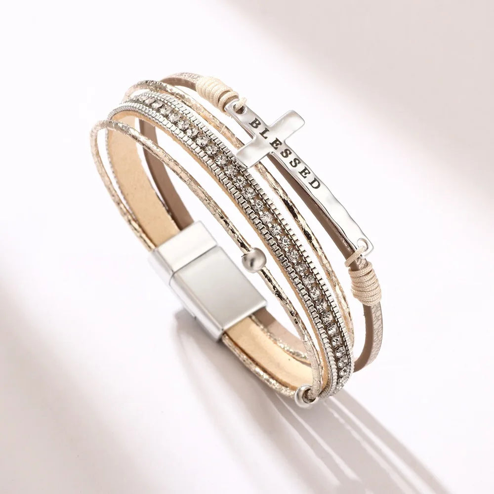 Blessed Cross PU Leather Bracelet – Bohemian Christian Rhinestone Wrap Bracelet for Women | Vintage Faith Jewelry Gift | Blessings Is Here