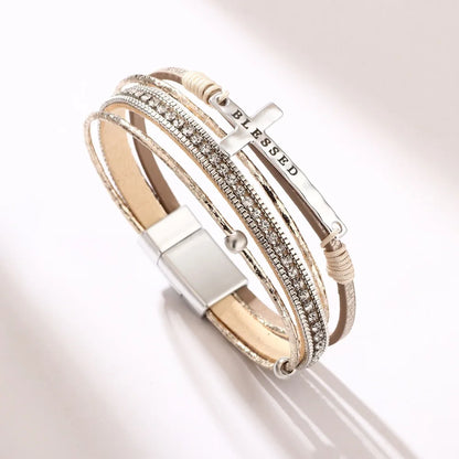 Blessed Cross PU Leather Bracelet – Bohemian Christian Rhinestone Wrap Bracelet for Women | Vintage Faith Jewelry Gift | Blessings Is Here
