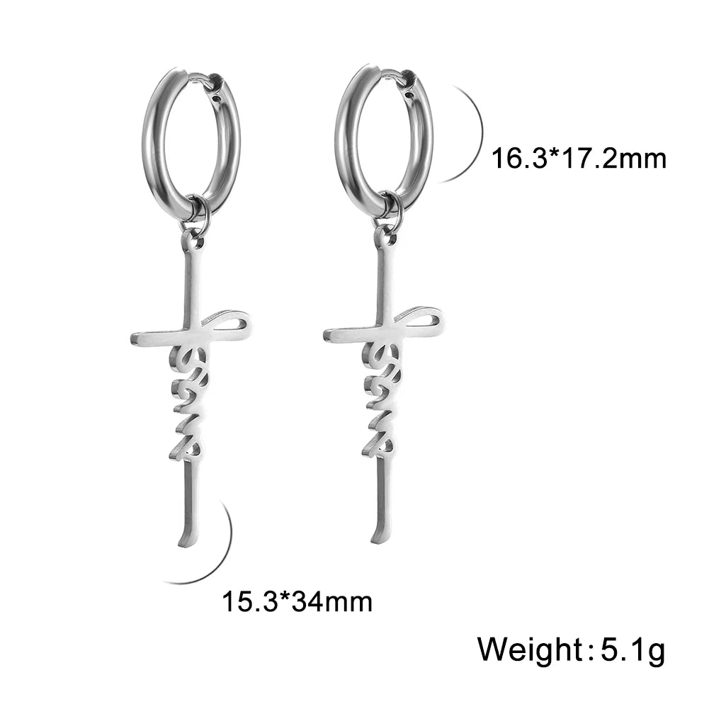 Cross Charm Dangle Earrings Ichthys Jesus Fish Christian Symbol Hoop Earrings Stainless Steel Catholic Amulet