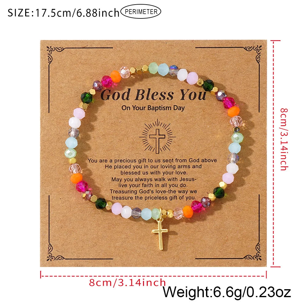 elryCross Square Crystal Beads Bracelet for Women Boho Natural Stone Stretch Beach Jew Multi-Color Religious Baptism Christian Jewelry