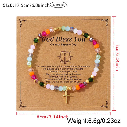 elryCross Square Crystal Beads Bracelet for Women Boho Natural Stone Stretch Beach Jew Multi-Color Religious Baptism Christian Jewelry