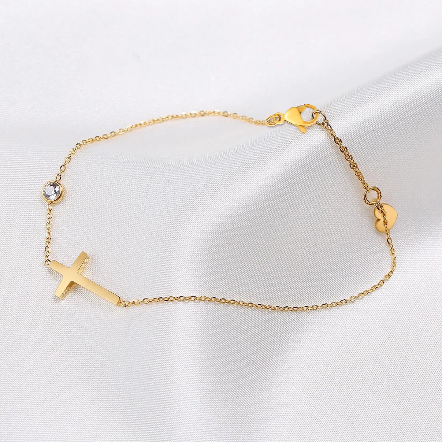 Birthstone Zirconia Thin Chain Link Cross Bracelet Stainless Steel Women's Adjustable Link Stacked Layered Chain Bracelets