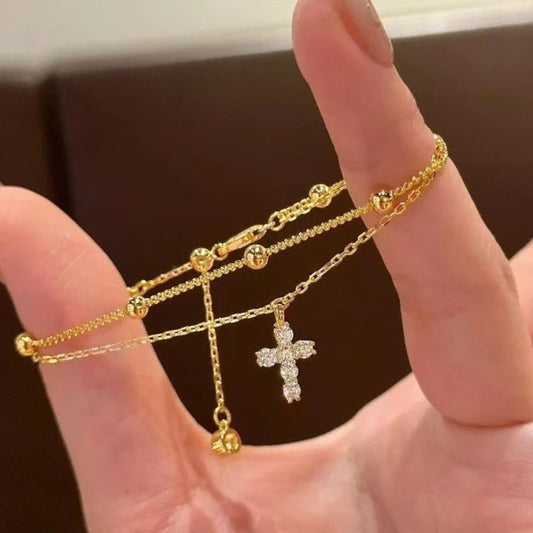 Fashionable Gold Color Women's Cross Chain Bracelet for Girls, Shining with Zircon Inlay, Double-layer Adjustable Charm Bracelet - Blessings is Here