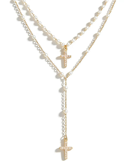 Layered Cross Necklaces for Women Trendy, Bohemian Bead Pearl Y Long Pendant Necklace Set, Vintage Rosary Necklace Adjustable